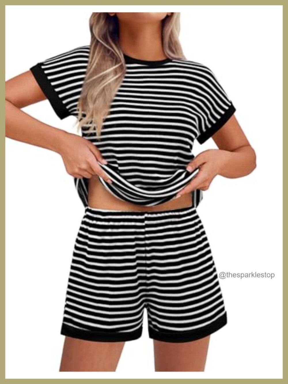 Waffle Knit Two Piece Short Set Striped Pullover Top & Shorts Lounge Vacation